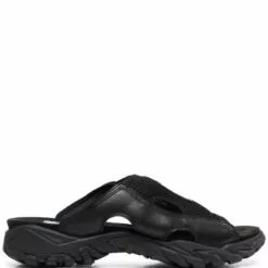 ( New Season ) MCQ Striae Leather Sliders In 1000 BLACK - Flip Flops & Slides